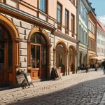 라트비아 워킹 홀리데이 비자 - **Prompt:** A wide shot of a bustling cobblestone street in Riga's Old Town, showcasing the iconic A...