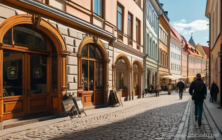 라트비아 워킹 홀리데이 비자 - **Prompt:** A wide shot of a bustling cobblestone street in Riga's Old Town, showcasing the iconic A...